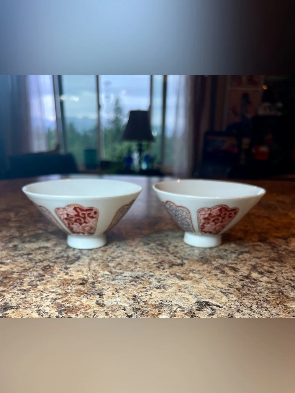Vintage Porcelain Rice Bowls with Red Floral Panel Design